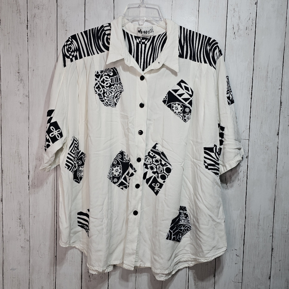 Vintage We Be Bop Women's White Black Patchwork Rayon Swing Shirt Size 2X.